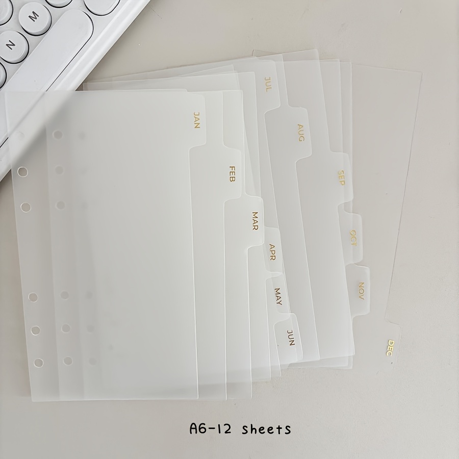 TEMU 12 vellen A5/A6 maandverdelers, losbladige 6-gaats 12 stuks aparte pagina's, gedrukt goud/zwart logo, binder notitieboek benodigdheden