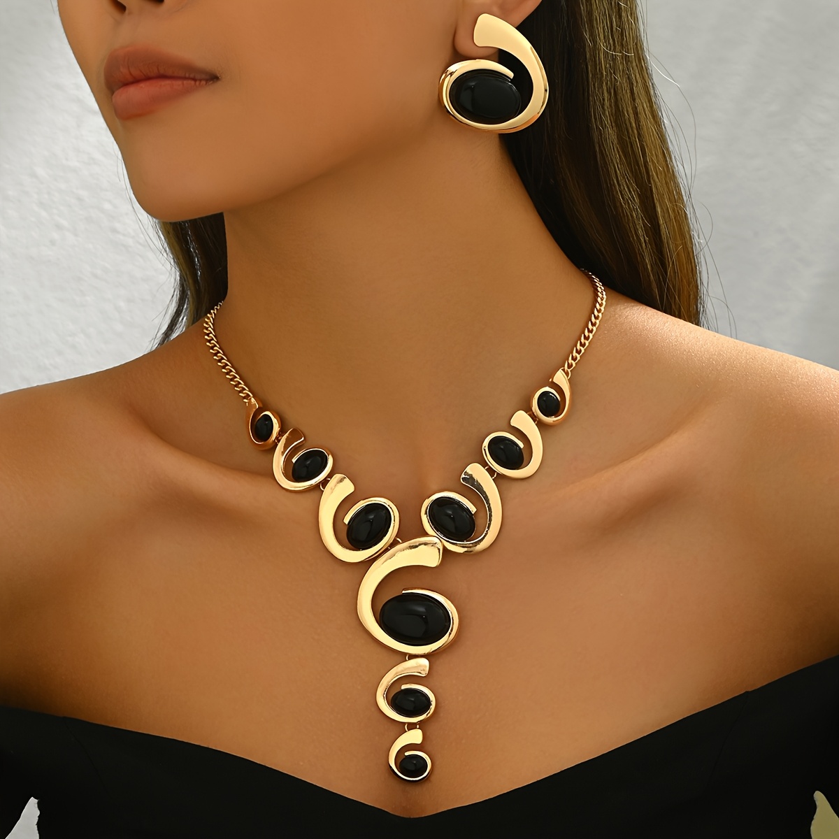 

Elegant 2pcs Jewelry Set With Oval Acrylic & Zinc Alloy Chain - Unique Irregular Pendant Necklace And Earrings, Parties & Casual Attire