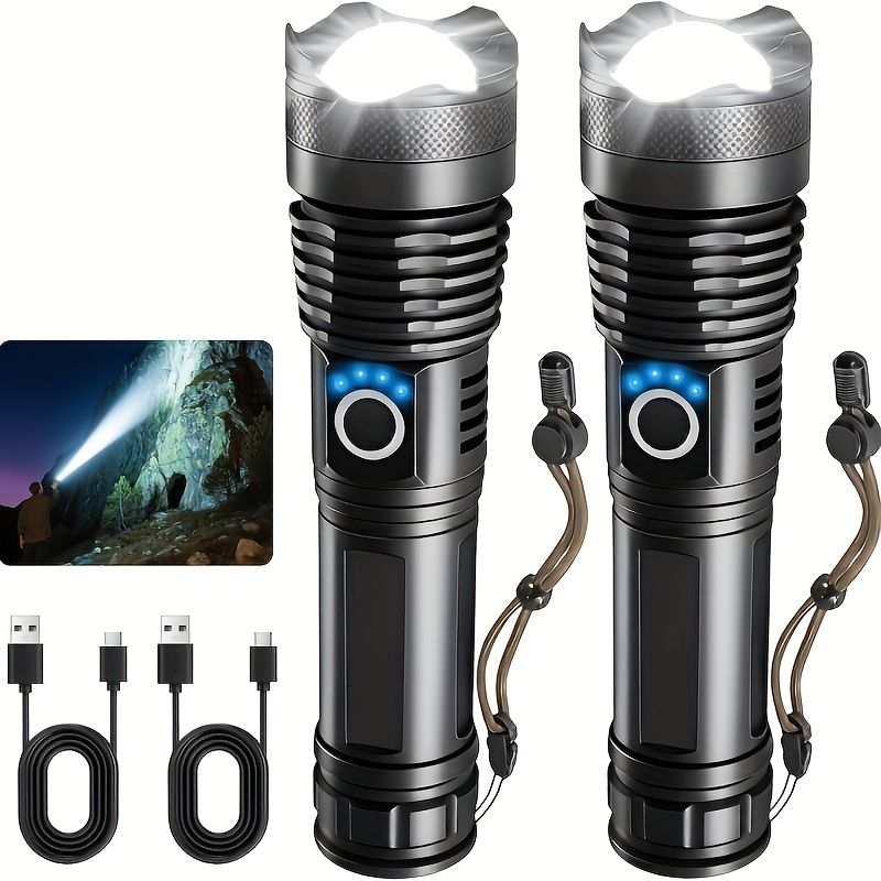 TEMU Rechargeable Led Flashlight With , Handheld Flashlight Battery, Featuring 5 , Powerful Variable-focus Flashlight, Suitable For Home Use, Camping, Emergencies, And Outdoors, 2pcs Set