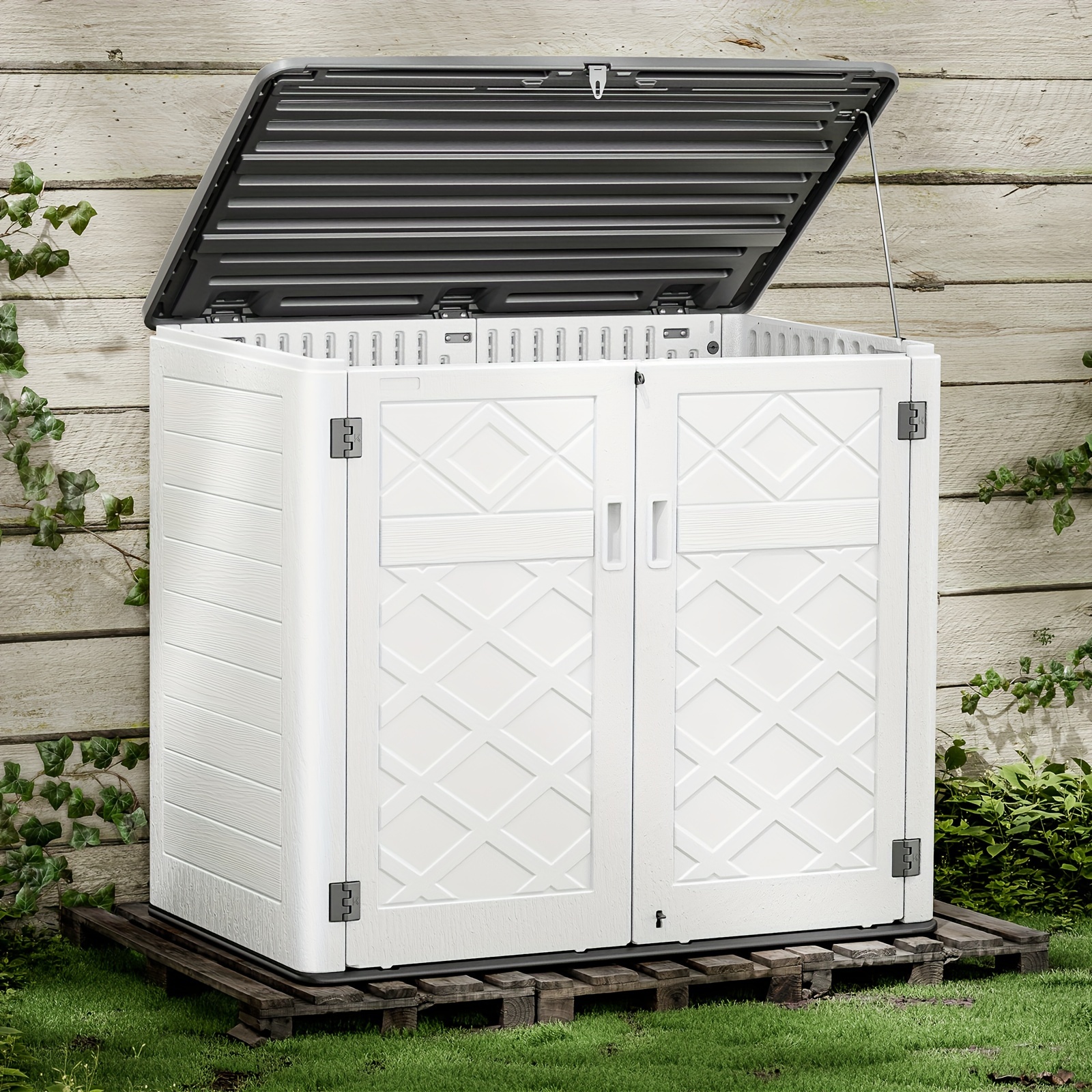 

Outdoor Resin Storage Shed, 49.7 Cu.ft Horizontal Outdoor Storage Cabinet, Reinforced Floor Double Lockable Doors, All-weather, Colorfast, Ideal For Storing Outdoor Furniture