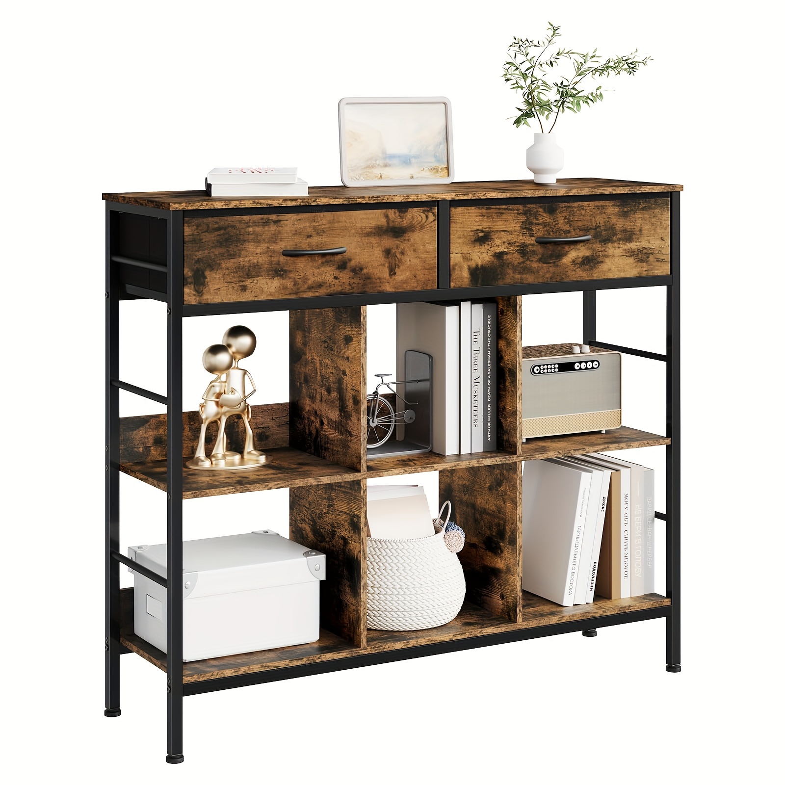 Image of A Bookcase Featuring 2 Drawers Made Of Cardboard And An Mdf Frame, Which Is Covered With Double Non-woven Fabric. It Includes 6 Open Compartments And Metal Frame Risers