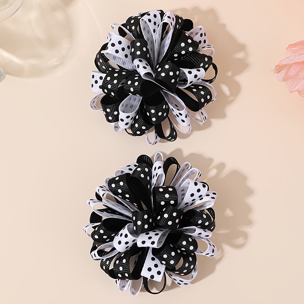 TEMU 2pcs Cute Hydrangea Floral Hair Clips For Black White Polka Dot Pattern Grosgrain Ribbon Hair Clips Cute Curly Hair Barrettes For Daily Wear