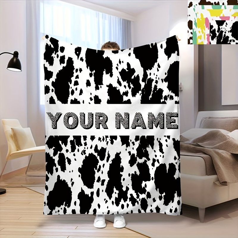 

Custom Name Cow Print Plush Blanket - Soft, Flannel Throw For Reading And Napping - Gift For Couch Or Bed Decor, Black & White, Pink, Brown, Yellow, Green, Contemporary Style Style, Animal Theme