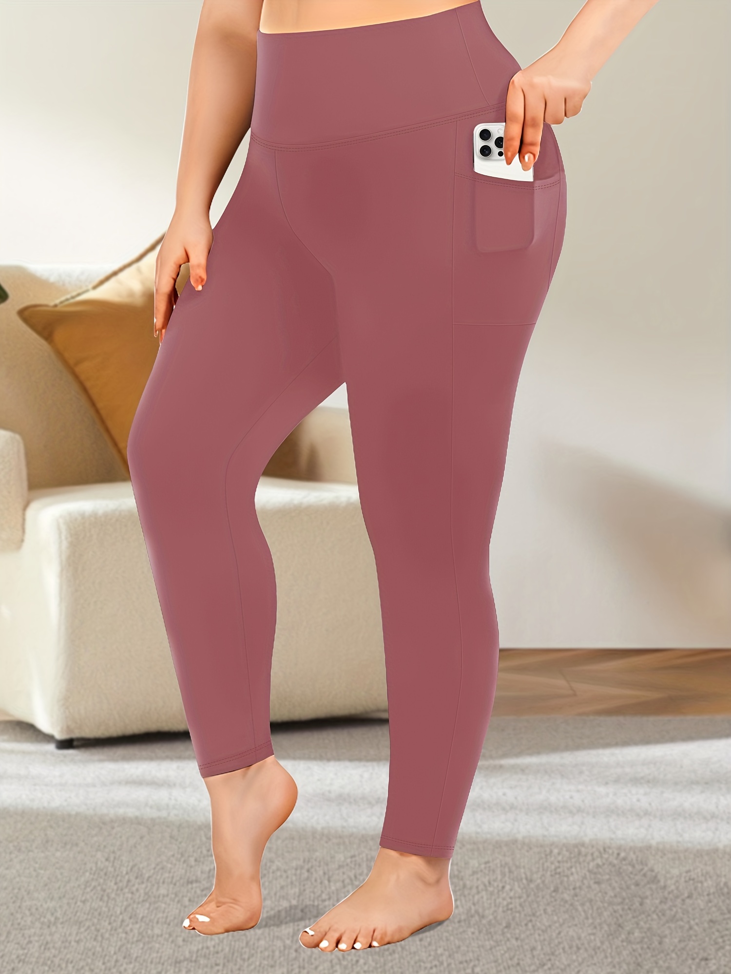 Plus Size High Waist Yoga Pants with Side Pockets - 88% Polyester 12% Elastane Stretchy Tummy Control Leggings, Sculpting Workout Gym Activewear for Women, All-Season Comfort (Machine Washable)