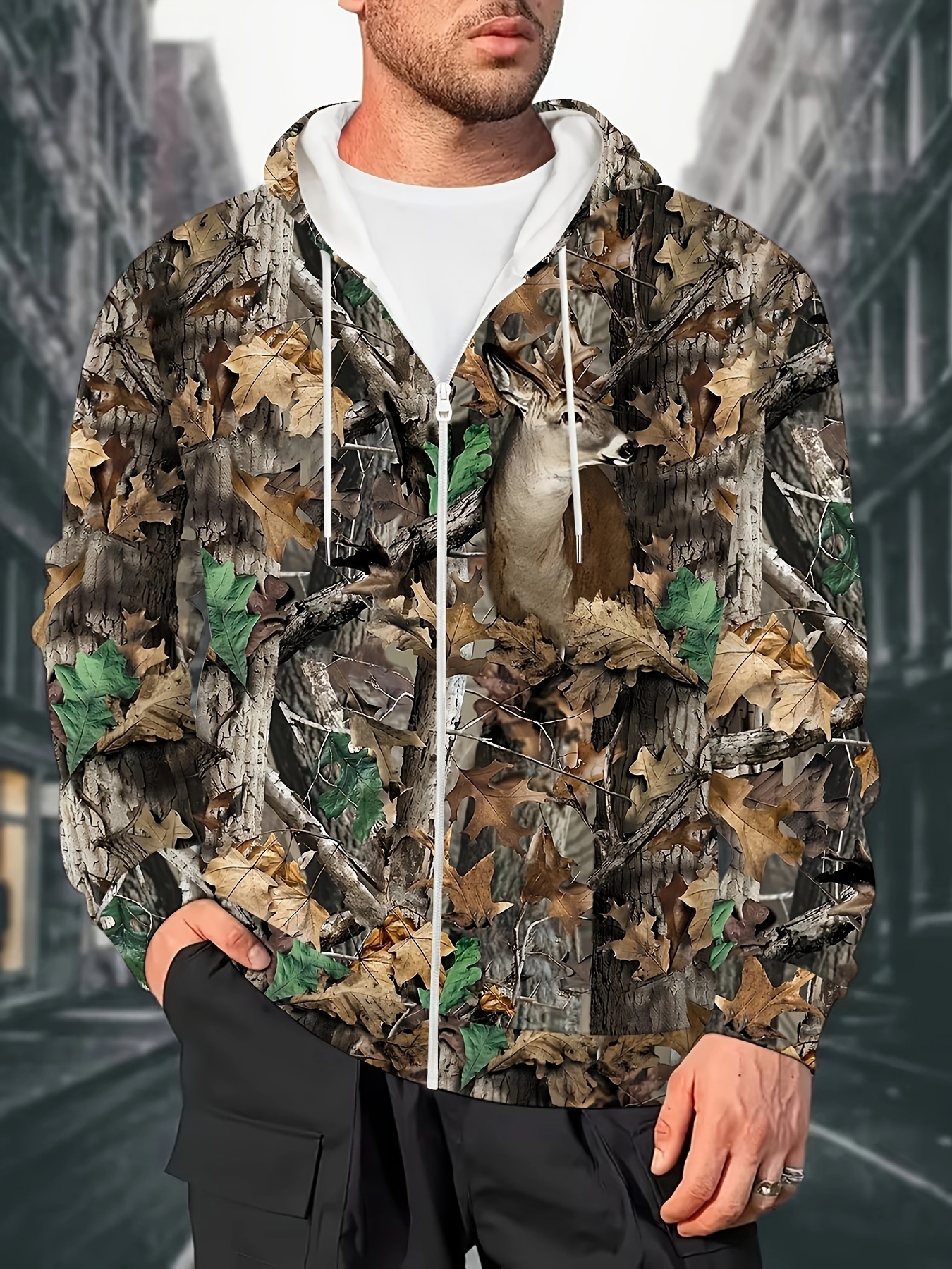 *'S Military Camo Leaf Forest Print Hoodie, Polyester 100% Long Sleeve  Zip-Up Sweatshirt with Pockets, Regular Fabric for Hiking Outdoor,