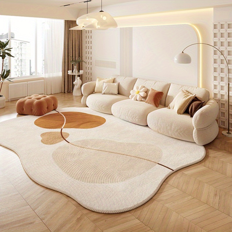 TEMU 1000g 10mm Faux Imitation Cashmere Modern Minimalist Abstract Irregular Beige Carpet With Geometric Line Texture, Plush Room Decor, Light Brown