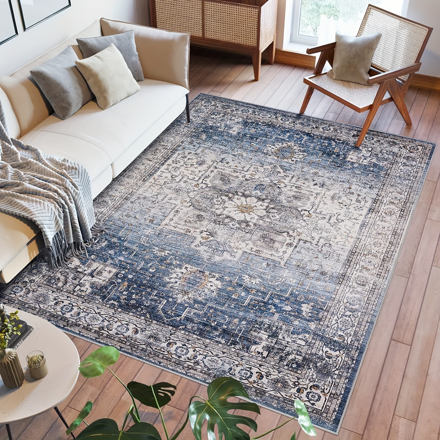 

Soft Large Washable Rugs Area Rug 9x12 Living Room: Rugs With Non-slip Rubber Backing Stain Resistant Modern Indoor Boho Vintage Carpet For Bedroom Dining Room Home Office- (blue/multi)