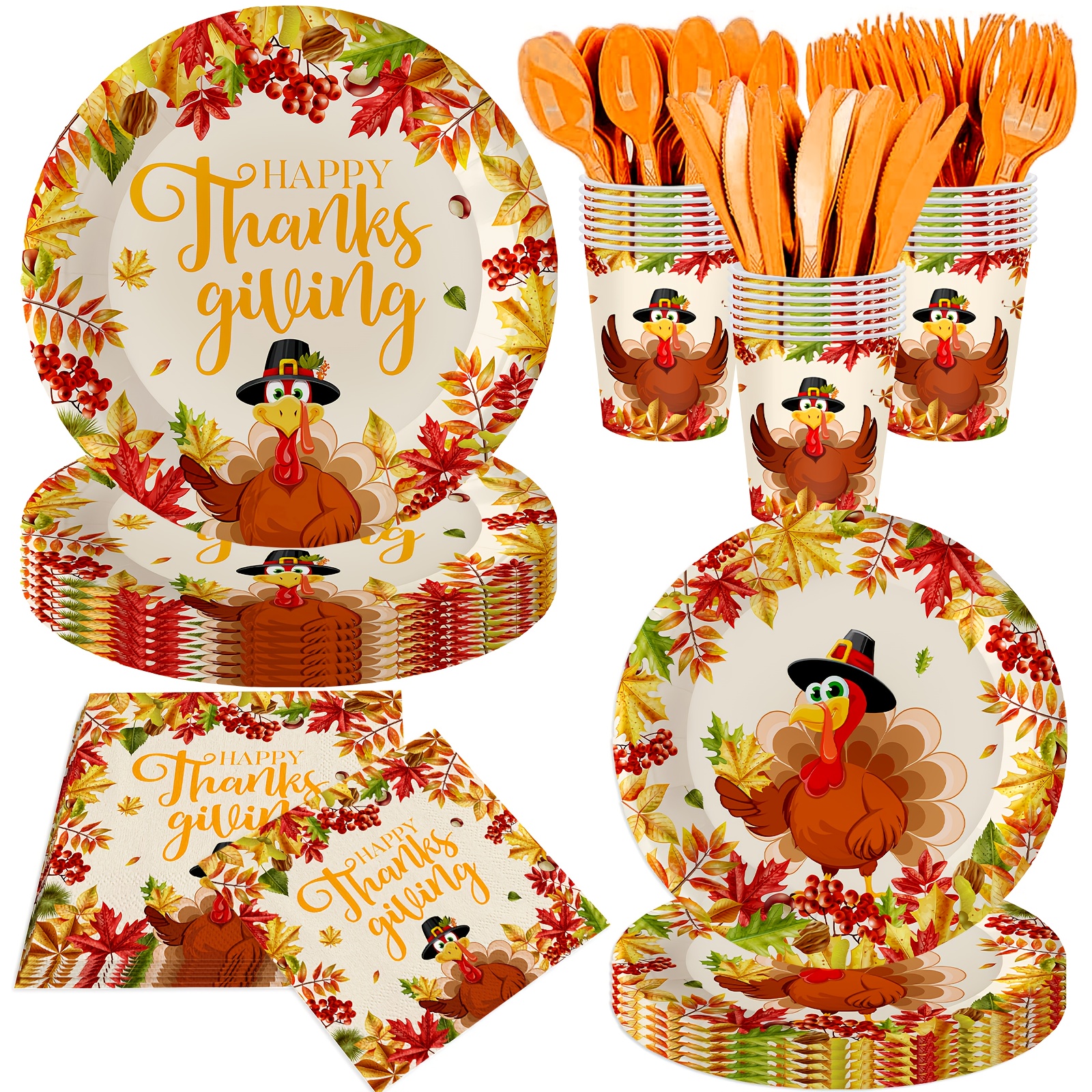 TEMU 140pcs, Happy Thanksgiving Party Decorations Turkey Plates And Napkins Thanksgiving Day Party Supplies Fall Birthday Tableware Set Maple Leaf