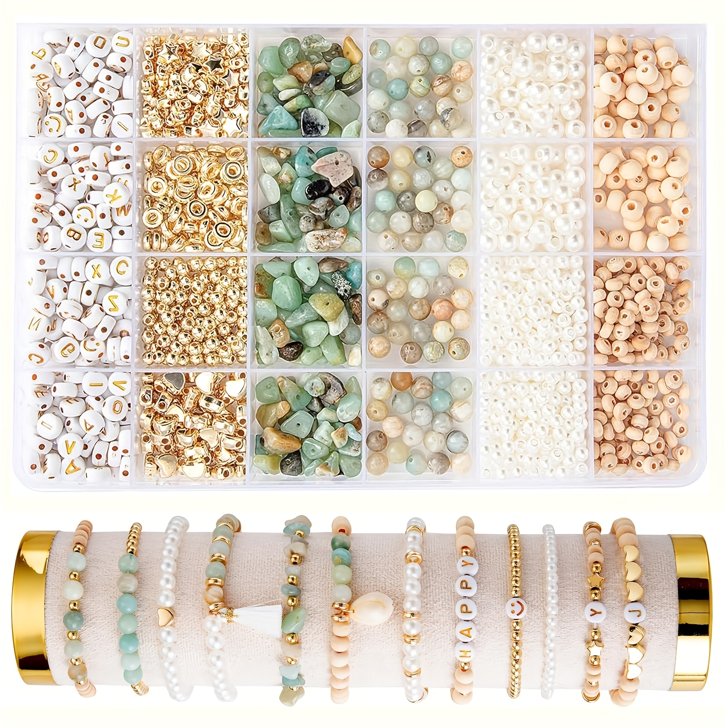 TEMU Boho Natural Stone And Pearl Beads Jewelry Making Kit, 24-grid Bracelet Beads Set With Golden Spacer Beads, Alphabet Beads And Elastic String,