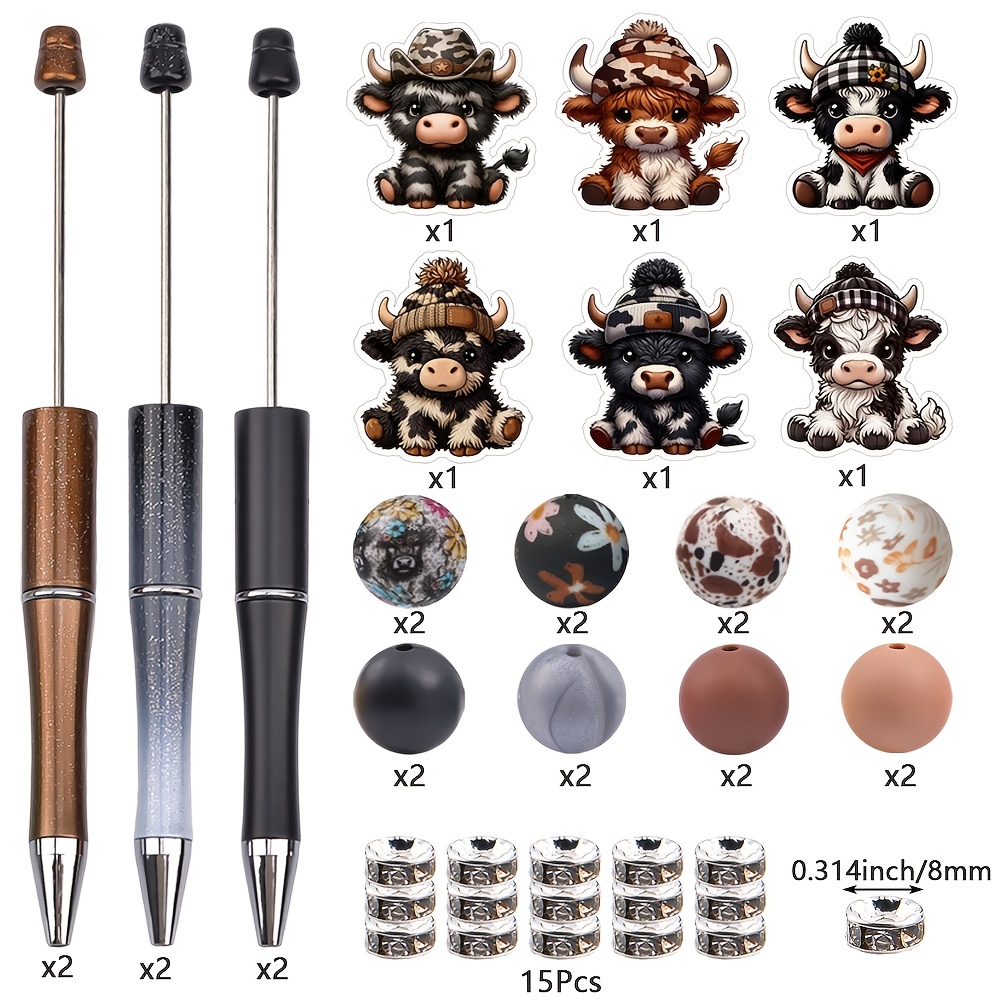 TEMU 6sets Cowboy Hat Highland Cow Theme Beaded Pen Set, 6pcs Plastic Bead Pens With Cow , 1mm Ballpoint Pen Craft Kit, With Silicone Charms For