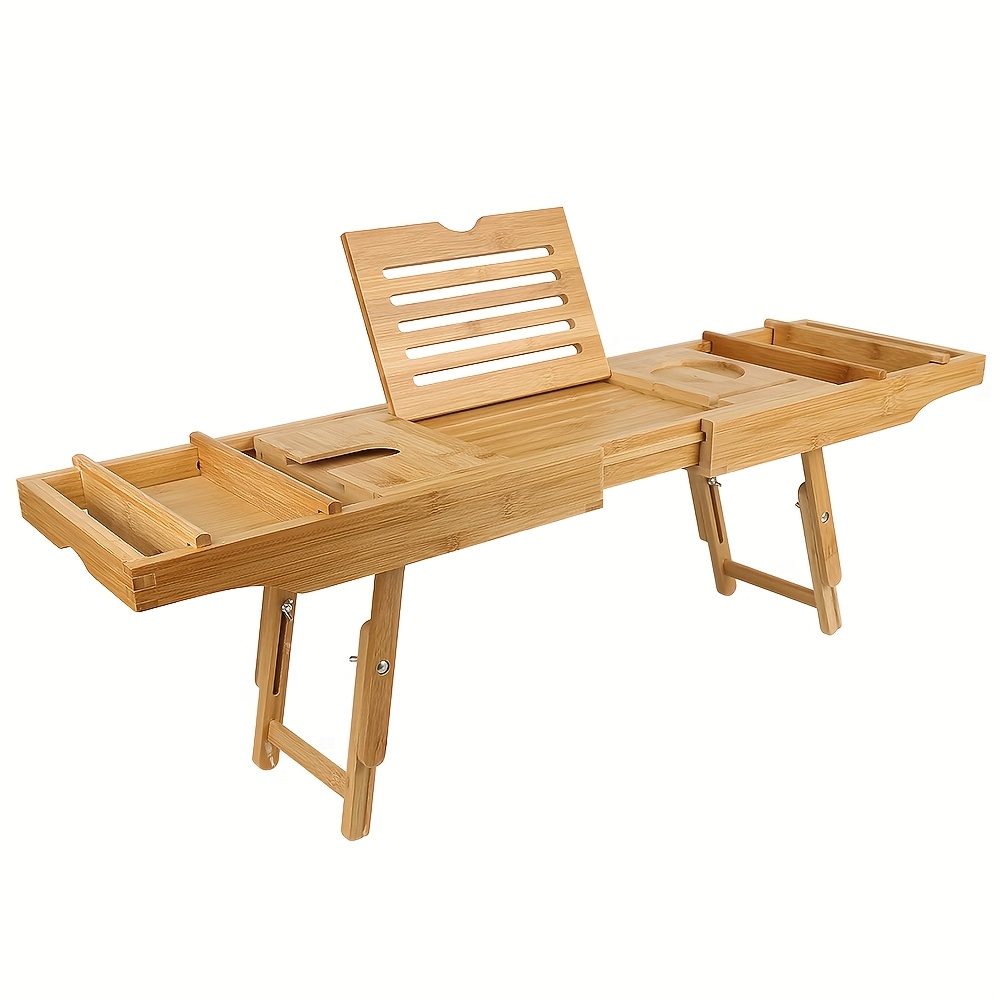 Bamboo Bathtub Organizer 2 In 1 Non-slip Bed Tray With Legs Tray Length Adjustable From 75cm To 109cm