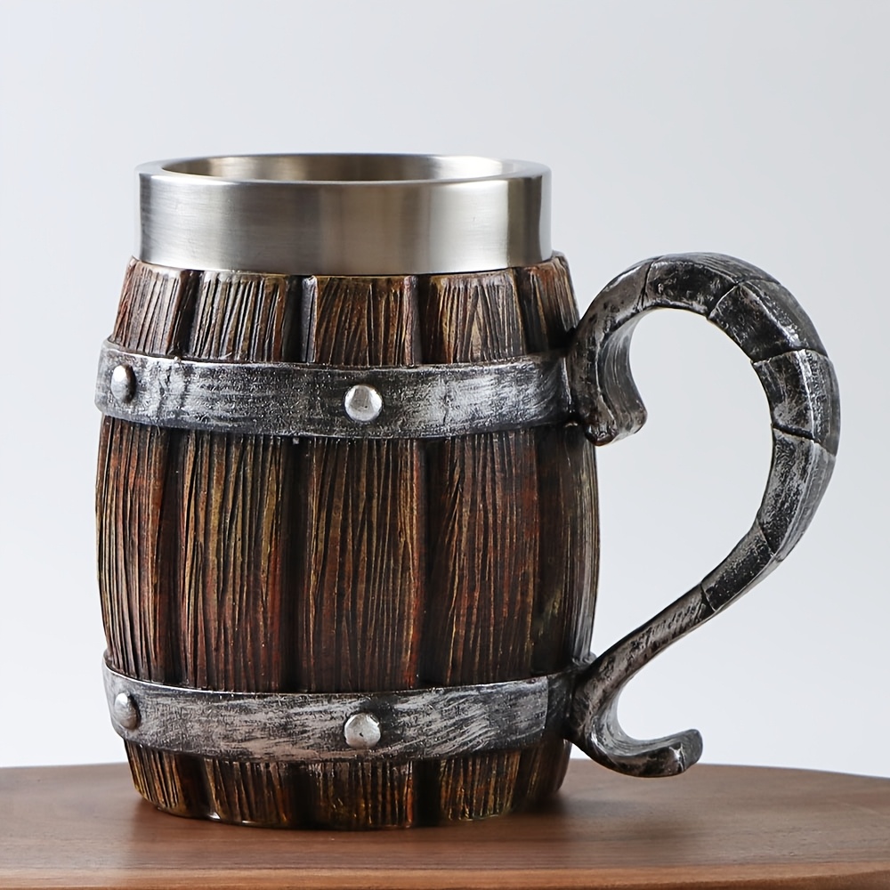 a 20oz large capacity stainless steel cup in   of a   resembling a wooden beer mug made of resin   cold drinks party bars and as a gift for friends or for a fathers birthday and   Product details 1