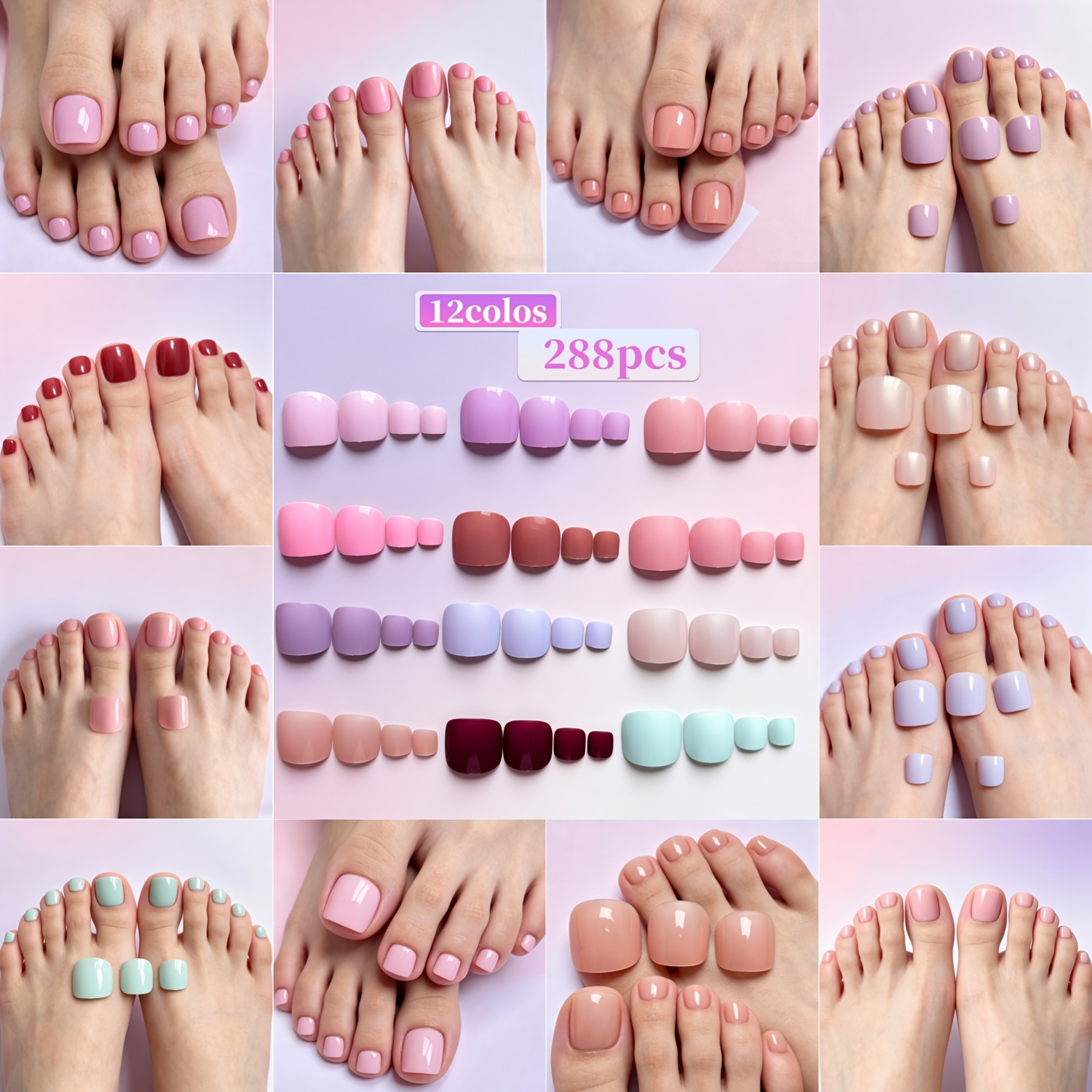 TEMU 12 Colors 288pcs Toenail Shapes, Solid Color Glossy, Press-on Fake Toenails, Short Size Nail Tips Full Coverage, Suitable For Spring And Summer,