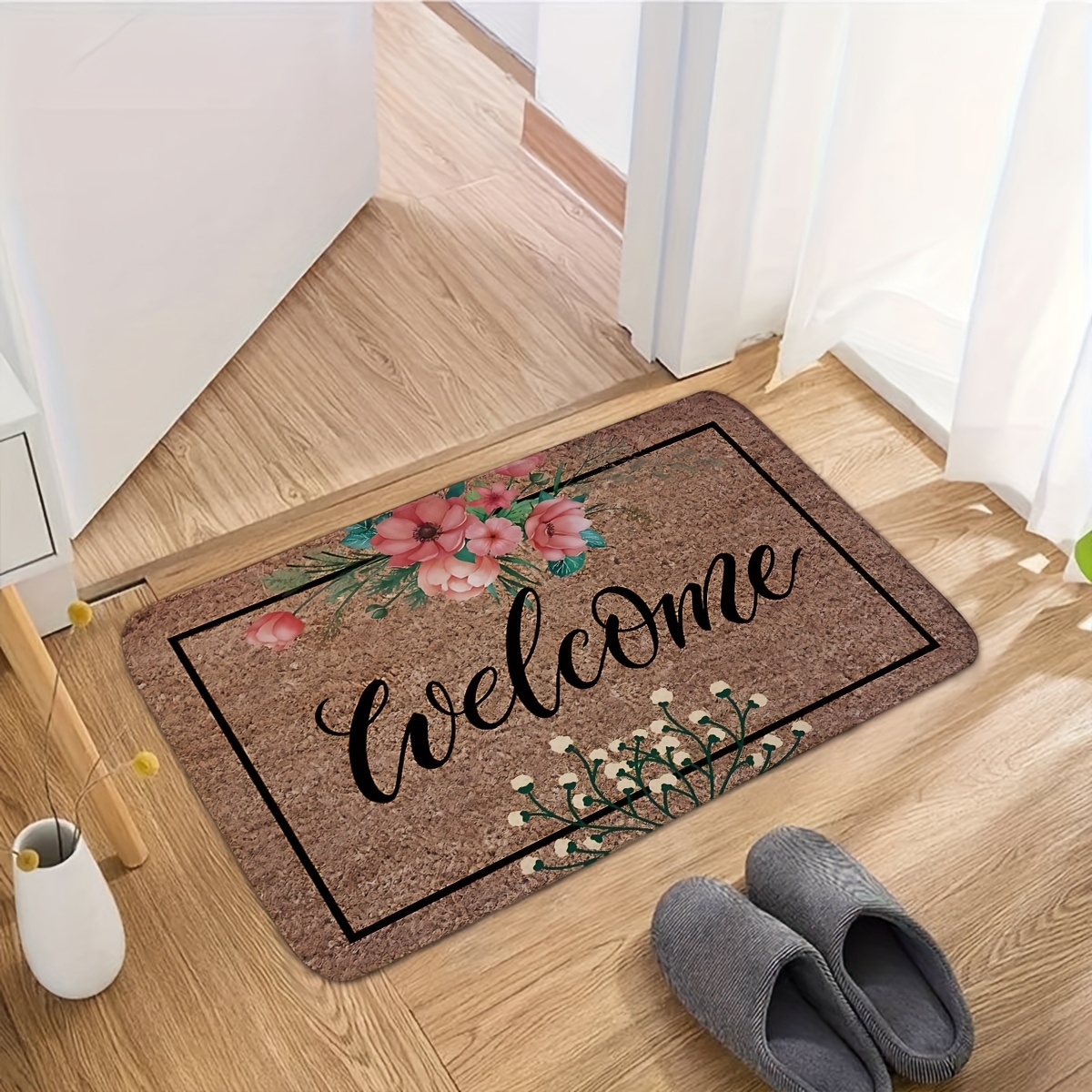 TEMU 1pc Retro Letter Flower Pattern Foam Floor Mat Kitchen Mat Soft Thickened Flannel Non-slip 1.2 Foam Sponge Mat Door Mat Bathroom Indoor Entrance