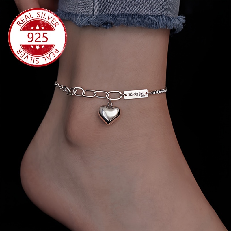 

925 Sterling Silver Ankle Chain, Simple Chain & Heart Design, Plated, Hypoallergenic Jewerly, Summer Vacation Decor