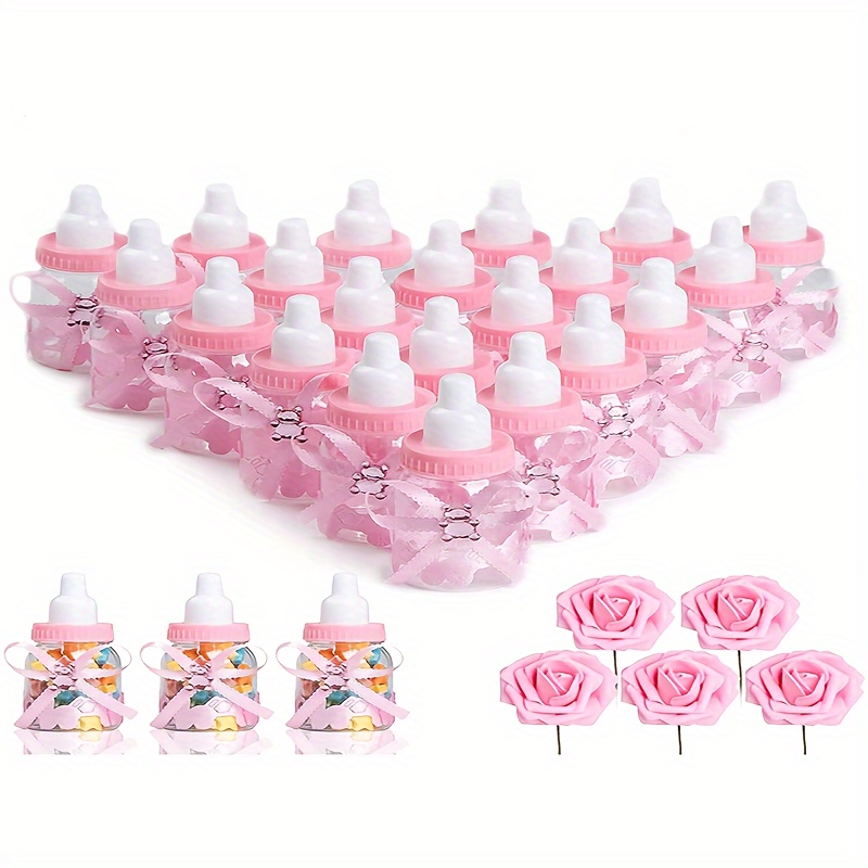 

10 Baby Shower Gift Bottles, 3.5 Inches, Theme, With 5 Artificial Rose Decorations - Perfect For Infant Shower Party Favors