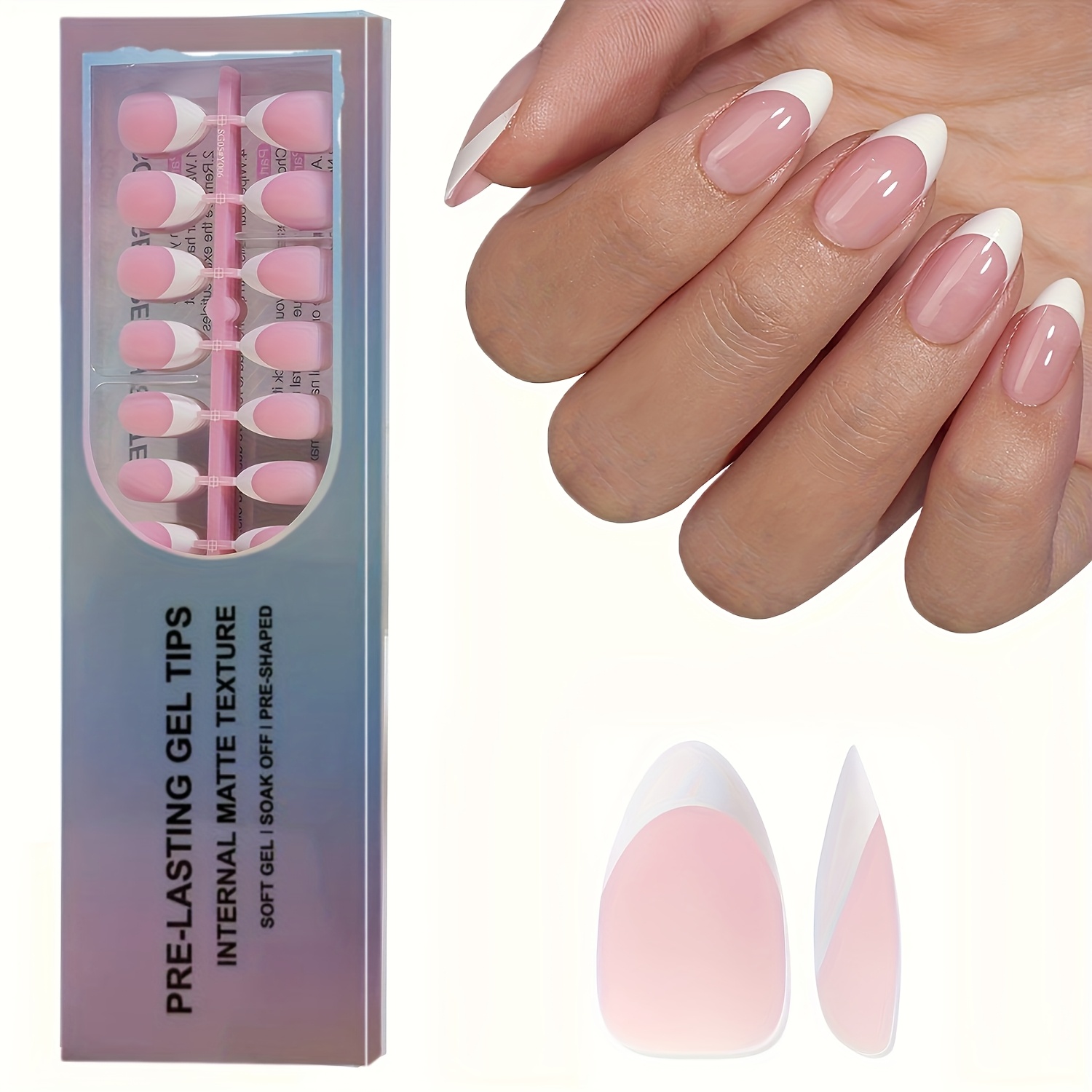Image of 150pcs Short Almond Powder White French Gel Fake Nails, Matte French Fake Nails, Soft Gel Fake Nails, Durable Fake Nails Are In 15 Sizes, Suitable For Nail Art, Suitable For Women And Nail Salons