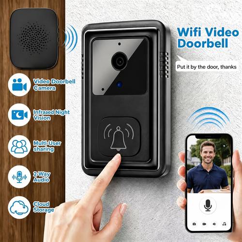 imagen del artículo video wifi inteligente, cámara de seguridad para puerta, con visión nocturna , audio bidireccional, cambiador de voz, grabación en , alimentación por batería recargable, instalación sin perforaciones, 365 días de , para seguridad en el hogar y