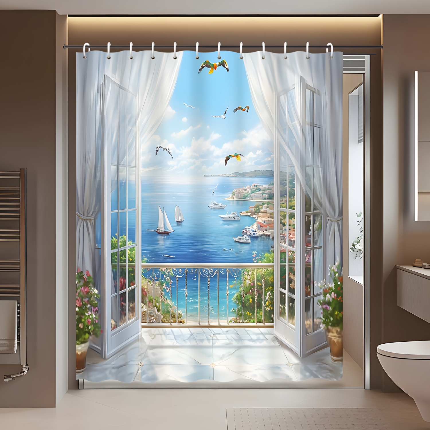 

1pc Of Balcony Window Scenery Shower Curtain Featuring Blue Mediterranean Sailboats And , Includes 12 Hooks, Waterproof Shower Curtain For Partitioning, Bathroom Decor, And Bathroom Accessories.