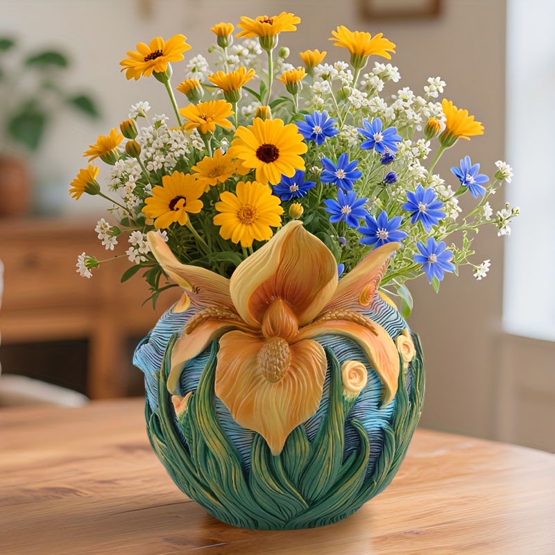 TEMU Van Starry Night Resin Vase - Large Bohemian Hand-painted Flower Pot Suitable For Indoor/outdoor Use, Relief Drainage Base, Irregular Tabletop
