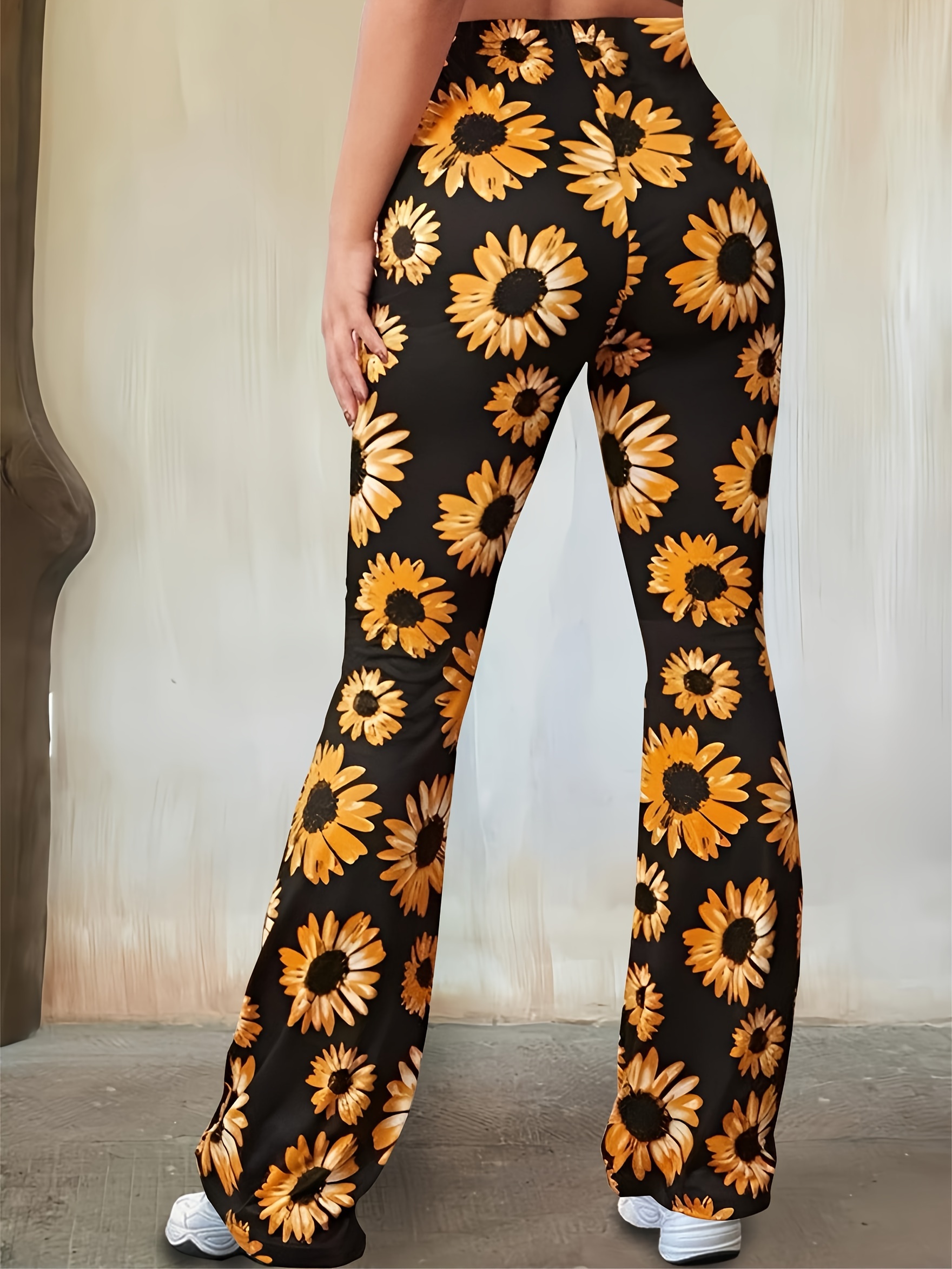 elegant high waist sunflower print flare pants stretchy - Temu