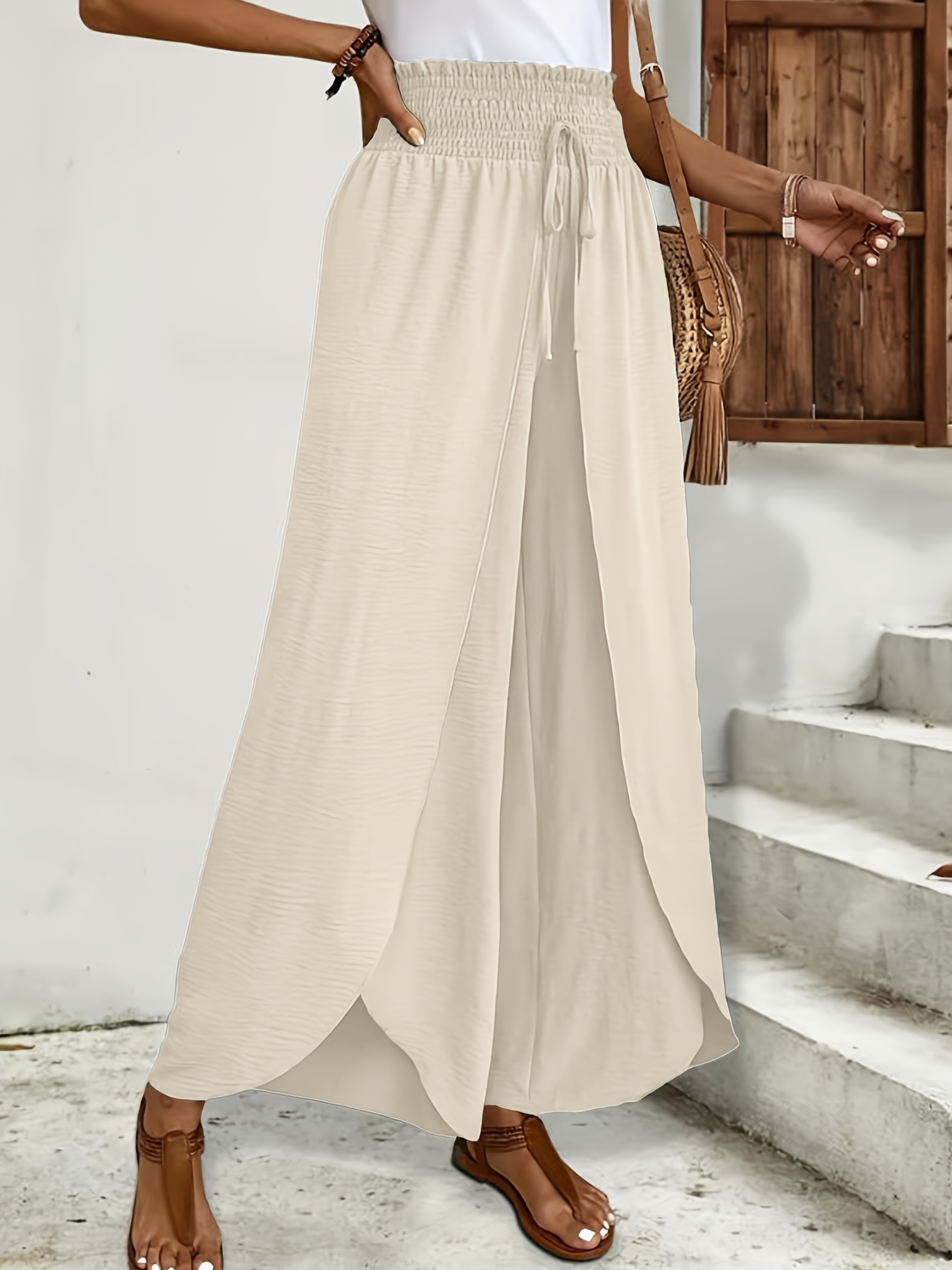 womens elegant wide leg pants slit hem smocked waist - Temu Italy