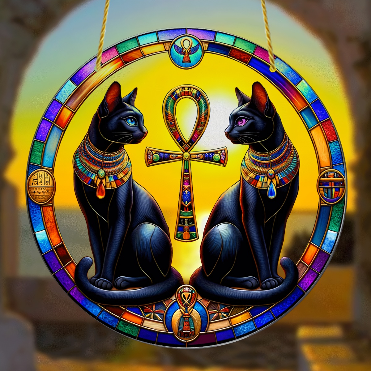 

Egyptian Cat Goddess Acrylic Suncatcher (8"x8") - Ancient Egyptian Decor, Cross & Cat Design, Perfect Gift For Egypt Enthusiasts, Ideal For Home & Holiday Decoration