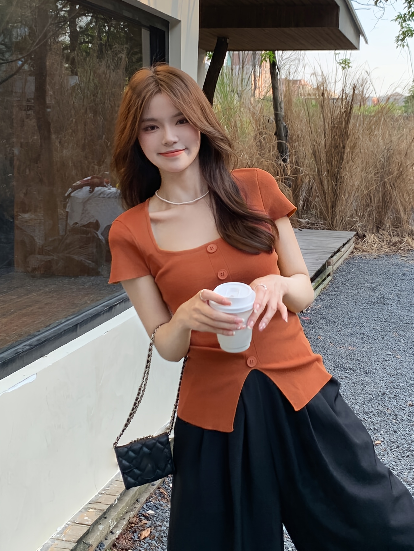 women's chic square neck knit t shirt fit short sleeve Temu Pakistan