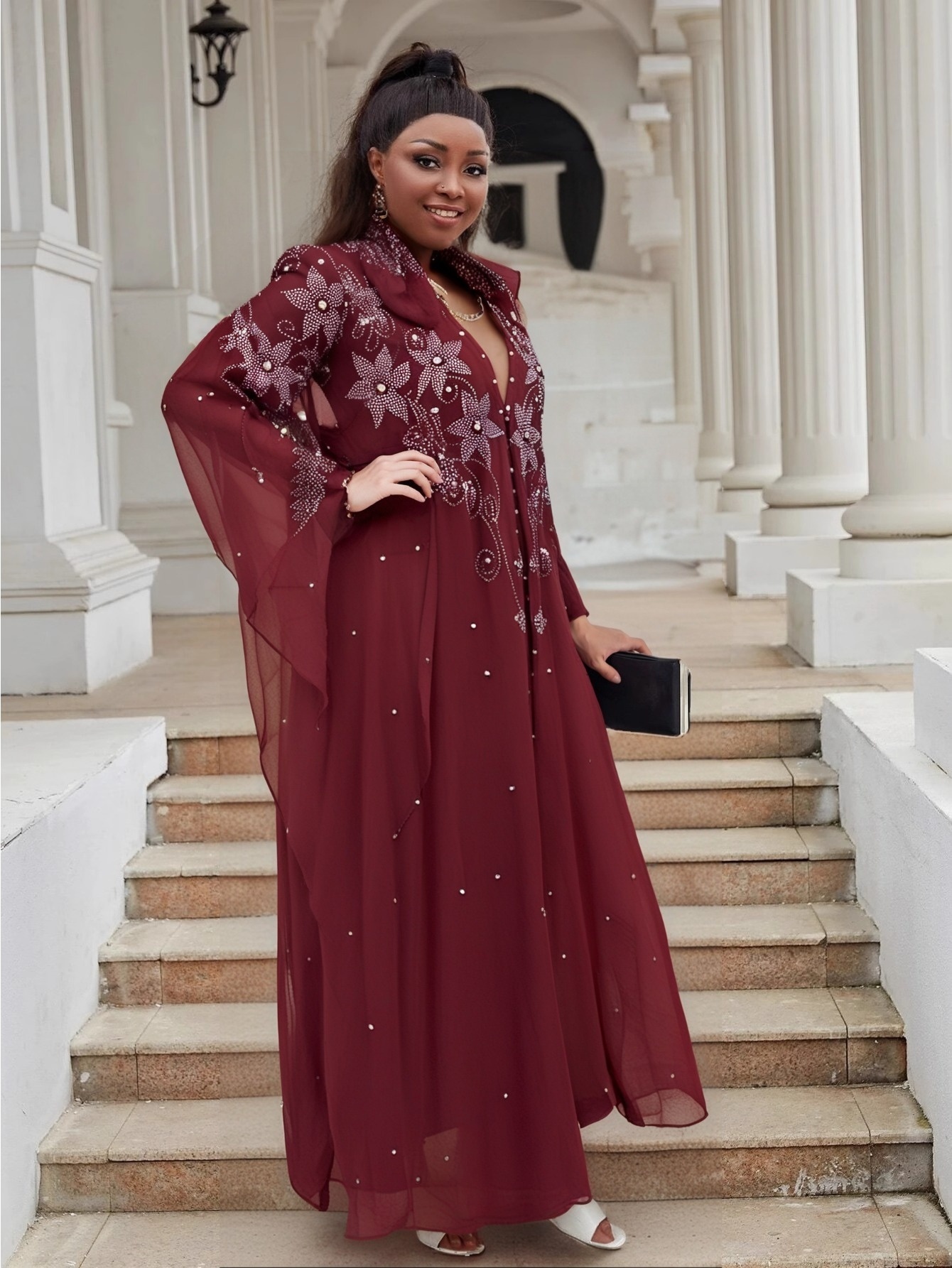 burgundy batwing dress Curveins Plus Size Elegant V-Neck Batwing Sleeve Waist-Hu
