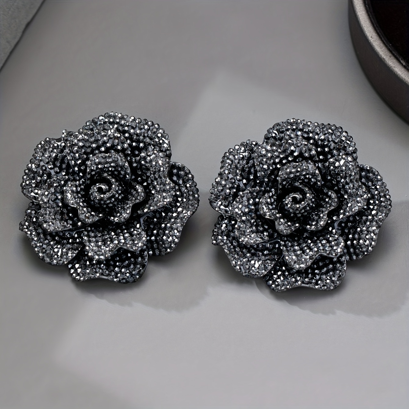 Vintage Style Rhinestone Camellia Flower Stud Earrings