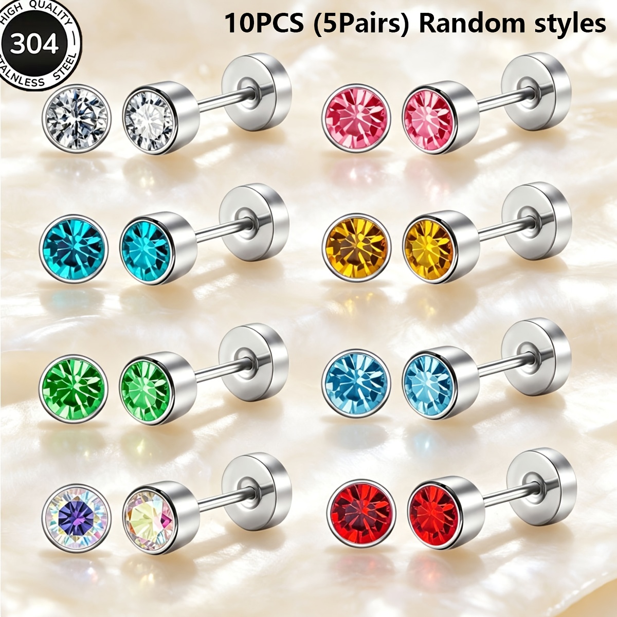 TEMU 10pcs (5 Pairs) (random Styles) 304 Stainless Steel Synthetic Synthetic Cubic Zirconiaia Spiral Screw-back Stud Earrings, Suitable For Daily Men