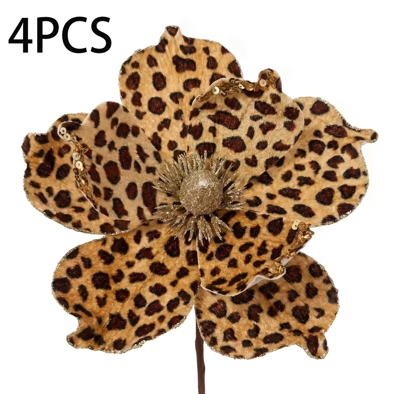 TEMU 4pcs Glitter Christmas Brown Leopard Glitter Artificial Poinsettia Flower Bouquet With Stems Christmas Tree Decoration For Tree Decorations