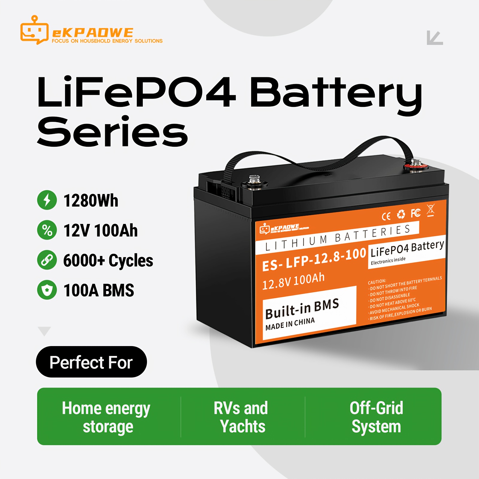 EKPAOWE 12.8V Lifepo4 Baterija 100Ah, opremljena s celicami baterije A+, 25000+ globokih ciklov, inteligentna BMS zaščita prekomernim