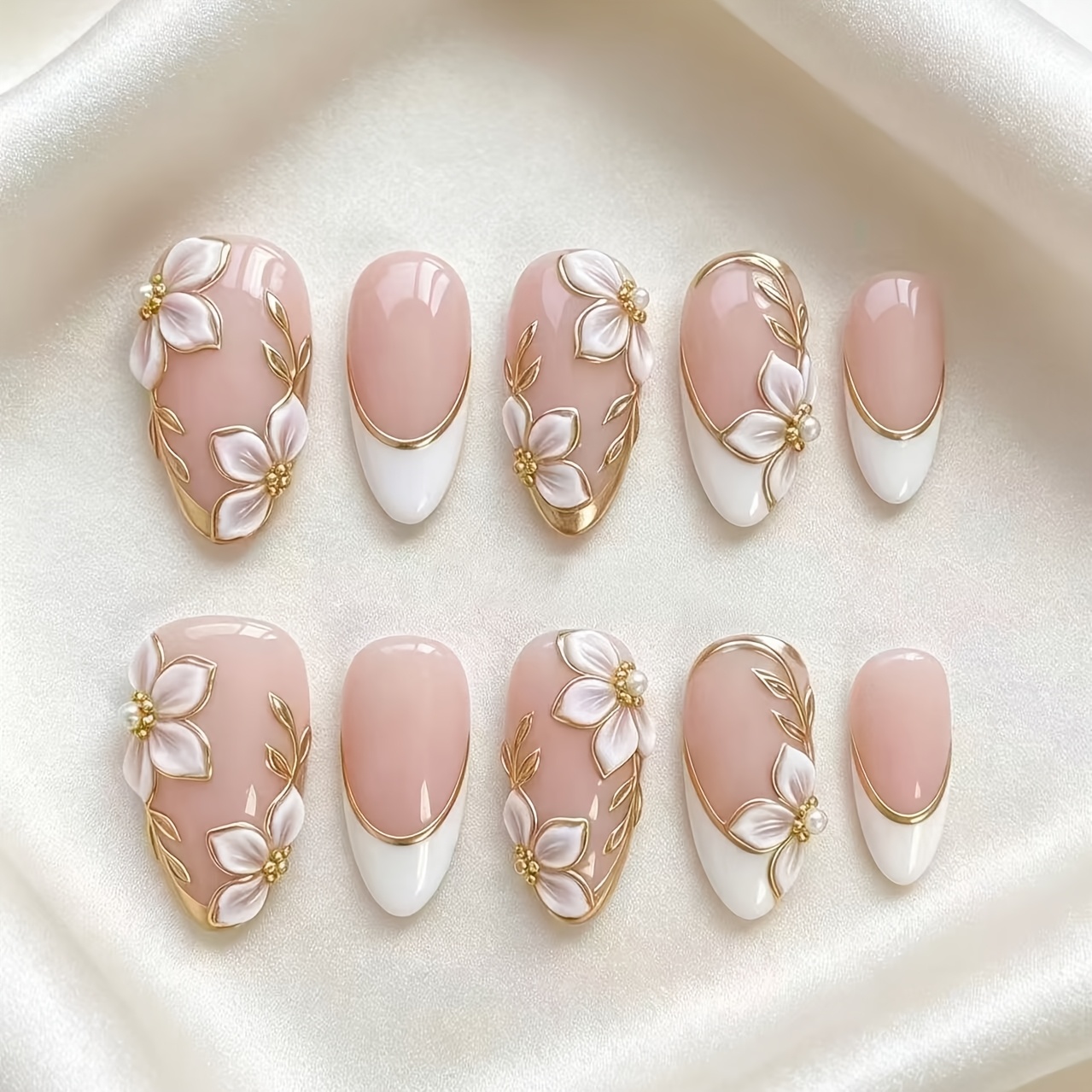 TEMU 10 uñas postizas de lujo con punta francesa para manos y pies - Base de forma de media con de hojas rosas nude y doradas, uñas de máquina