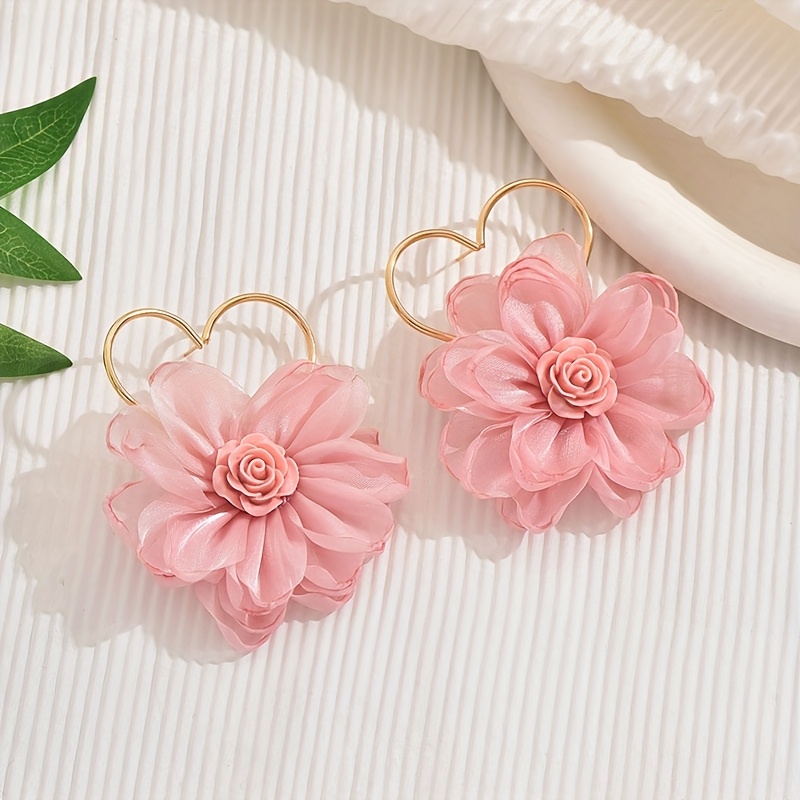 Pink Floral Heart Frame Earrings for Women