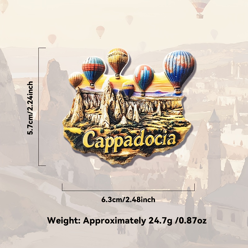 TEMU 1pc Turkish Travel Souvenir Fridge Magnet - Vibrant Cappadocia Landscape With Hot Air Balloons & Rock Formations, Durable Resin Hexagonal Magnet
