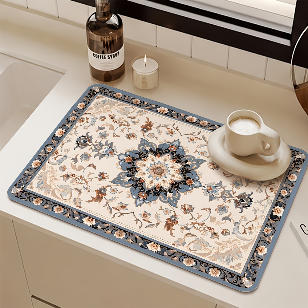 TEMU 1pc, European Classical Theme Absorbent Placemat, Beige Base With Large , Featuring , Light Blue, And Orange-brown Flowers And Leaves, Coffee
