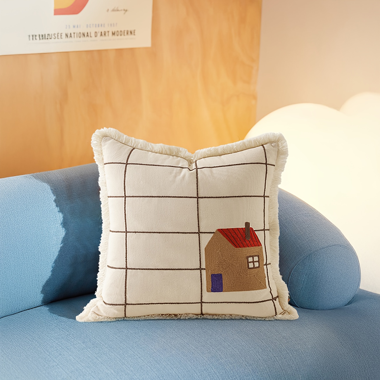 Image of 1pc Cute House Tassel Pillowcase, Beige Minimalist Home Decor Pillowcase, Decorative Cushion Cover For Living Room, Bedroom, Sofa, Office, Machine Washable, Insert Not Included