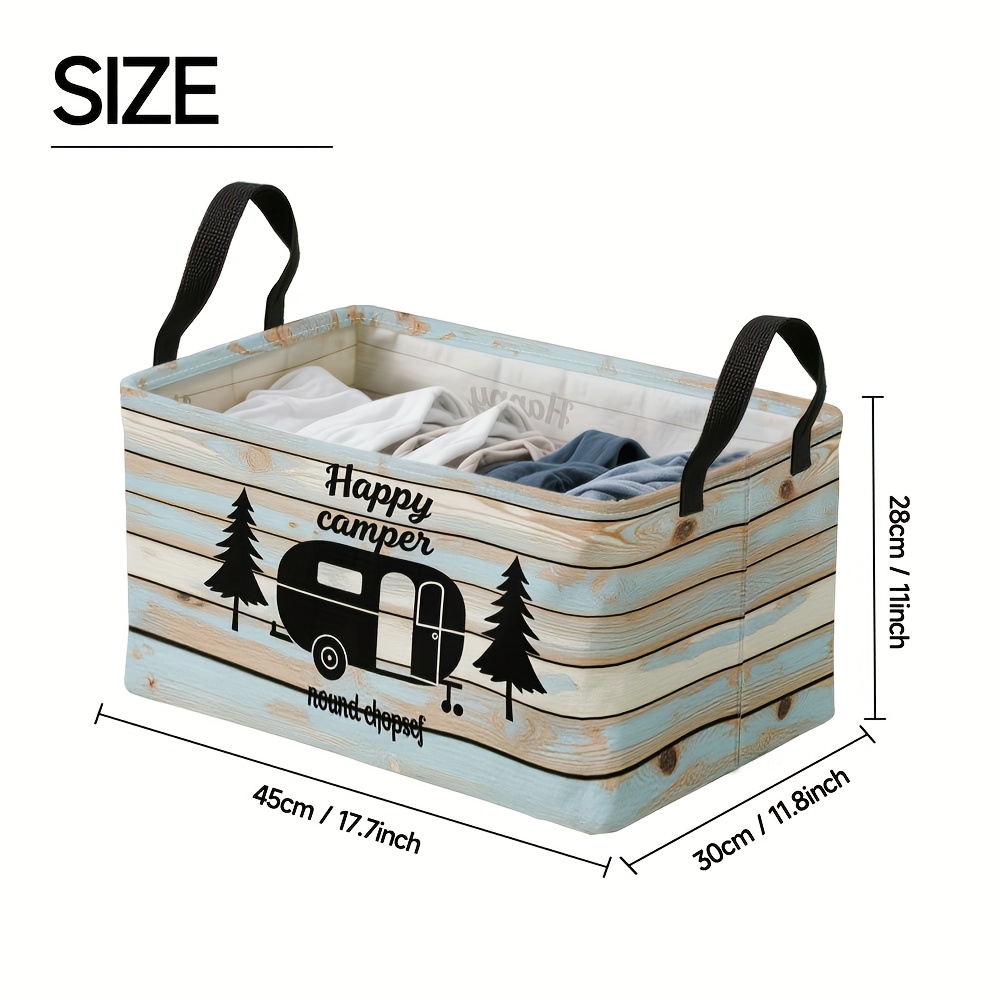 TEMU 1pc Vintage Trailer Forest Pattern Extra Large Foldable Storage Basket - Oxford Polyester Bin With Metal Frame, Multi-use Laundry Hamper &