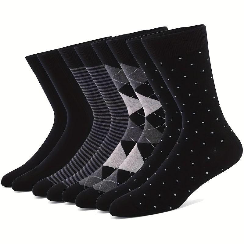TEMU 4 Pairs Of Men's Easy And Stylish Mid-calf Socks - Black, White, And Gray Striped Diamond Dot Patterns, Suitable For Business, Office, And