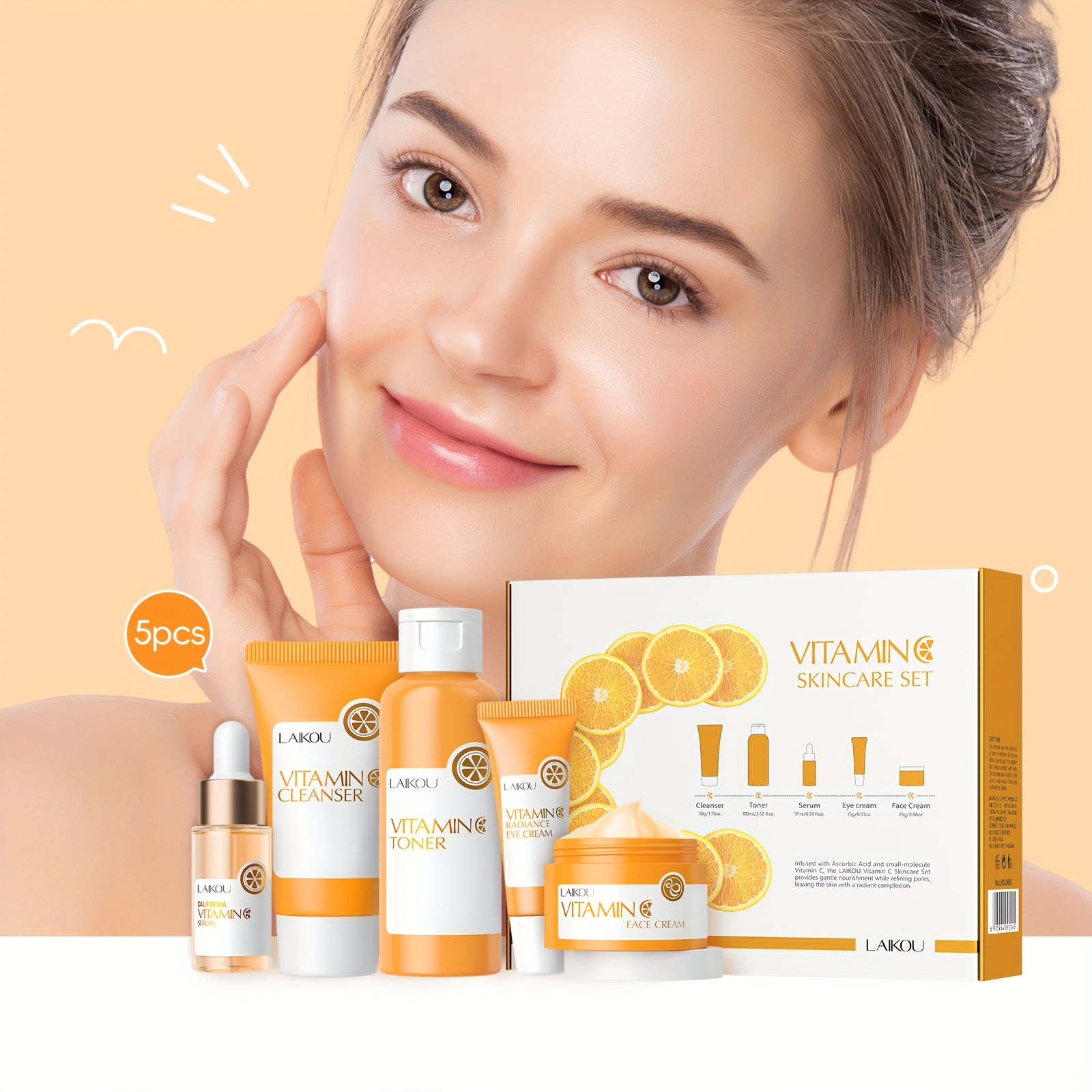 LAIKOU Vitamin C i Sakura Trešnjin Cvijet Svijetlo Bež Set za Njegu za Žene i Muškarce - Dnevni i Noćni Rutinski Komplet s Serumom Vitamina C za Posvjetljivanje i Sakura Proizvodima za Hidrataciju - Prikladno za Sve Tipove Svijetlo Bež Kože (Osjetljiva, Suha, Masna) - Idealno