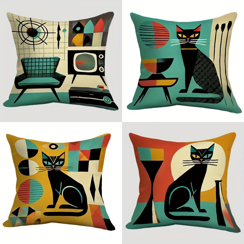 

4pcs Set Of And And Cat , Polyester, , Suitable For Types - 18x18 -