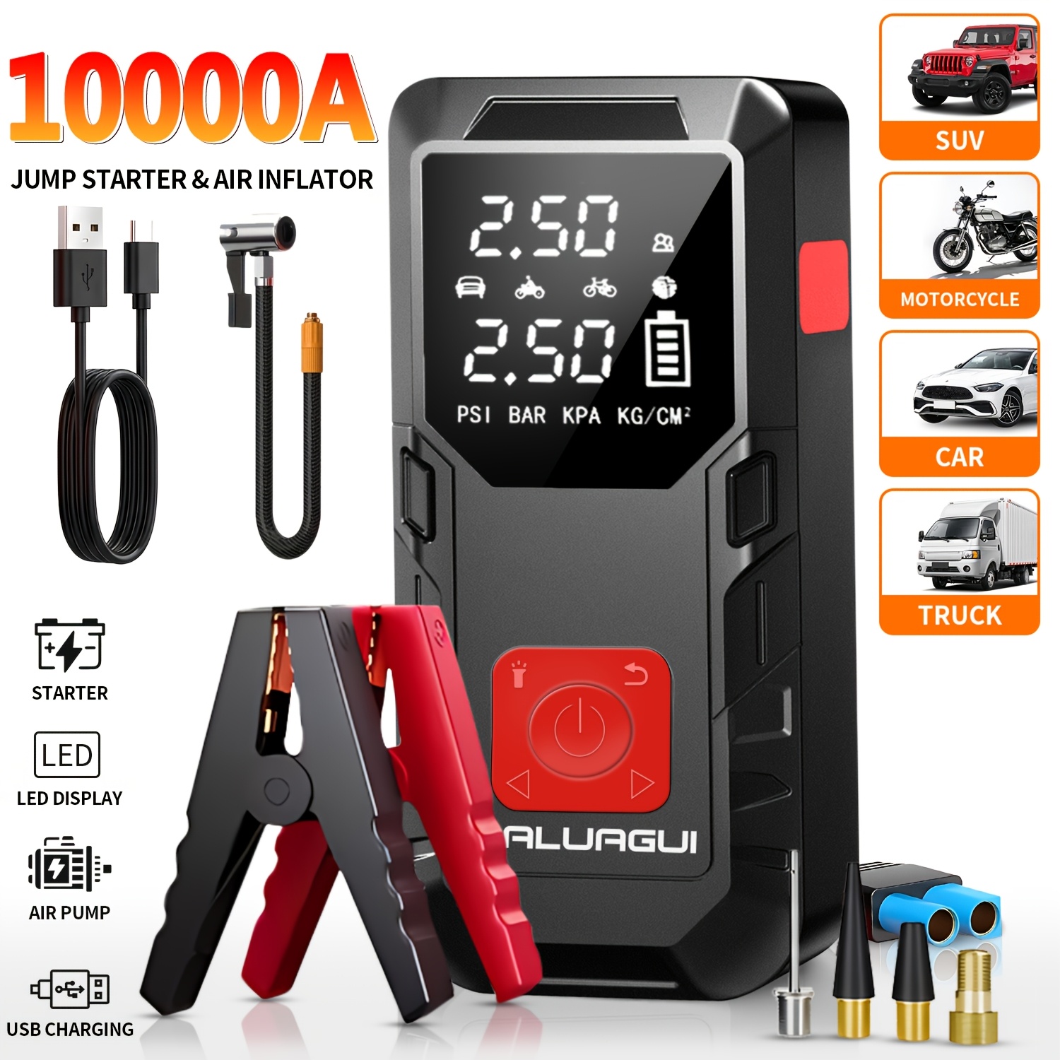 TEMU A 10, 000a Portable Car Emergency Jump Starter Power Supply, Tire Air Compressor, 150psi 9-in-1 Multifunction, Large Screen Led Digital Display,