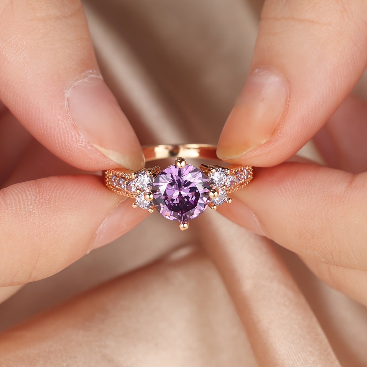 Boho Engagement Ring Yellow Tone with Round Purple Zirconia