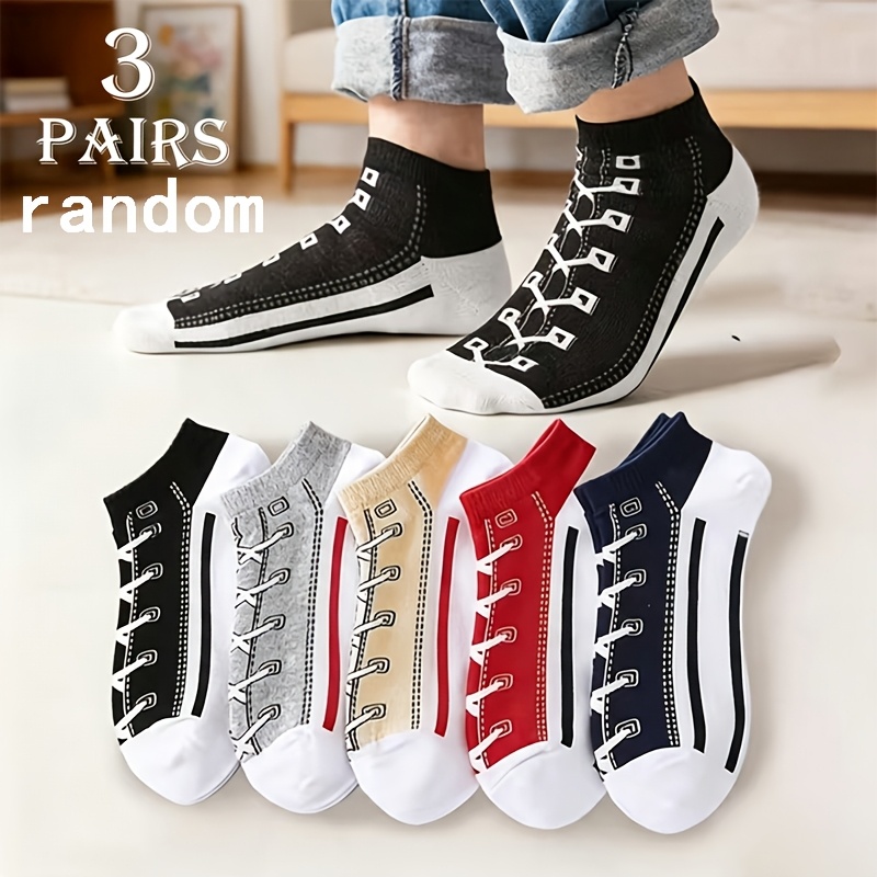 TEMU Lot de 3 paires de chaussettes invisibles à imprimé chaussures en toile, chaussettes de cheville basses unisexes respirantes, chaussettes