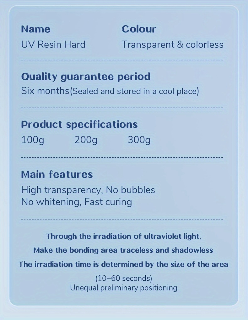 Твърдо лепило от смола, налично в размери 3.53/7.05/10.58Oz и 100G, 200G, 300G. Тази подобрена дебела версия е устойчива и не пожълтява. Подходяща е за проекти като ръчно рисувани мъниста, течна смола, сухи цветя, термошлаухувани занаяти.