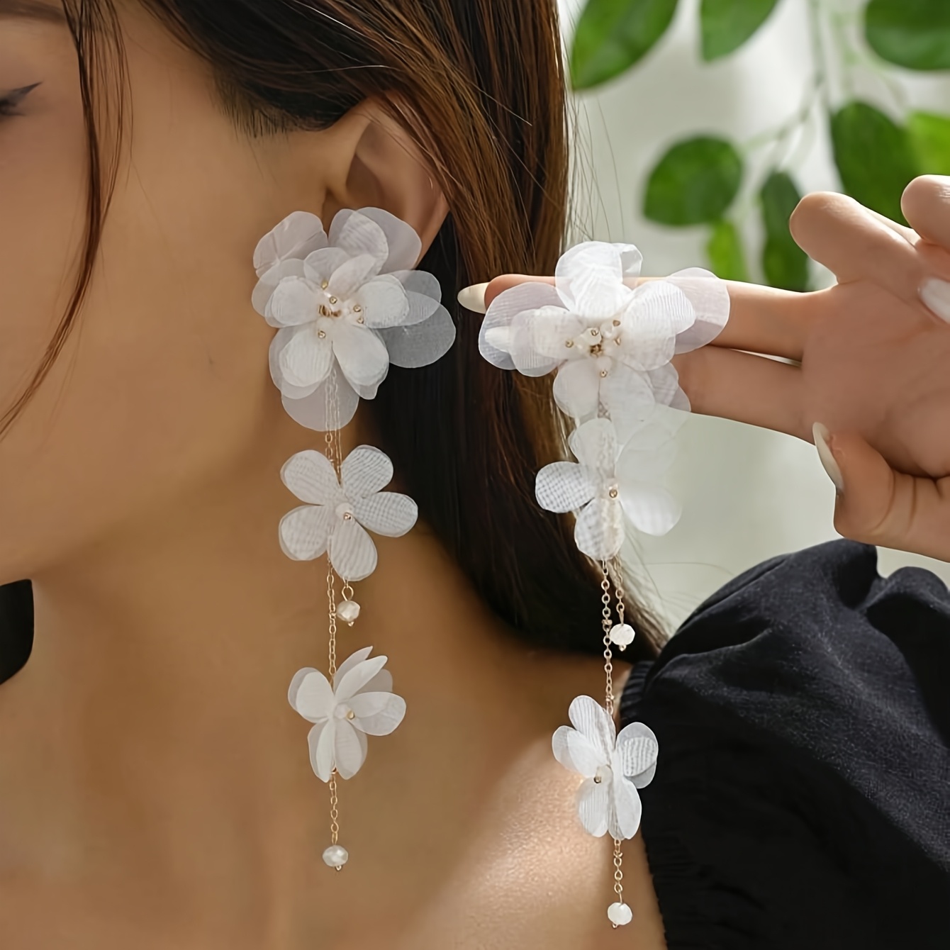 TEMU A Pair Of Long Tassel Fabric Flower Earrings With Large , Everyday Wear