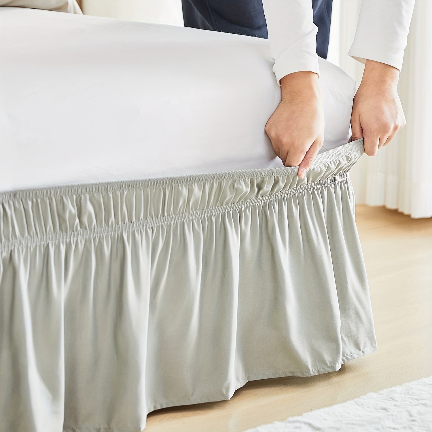 wrap around dust ruffle bed skirt fashionable long lasting with double elastic belts     size beds with 15 inch tailored drop   adjustable elastic strap pleated bedskirt with brushed fabric wrinkle free machine wash