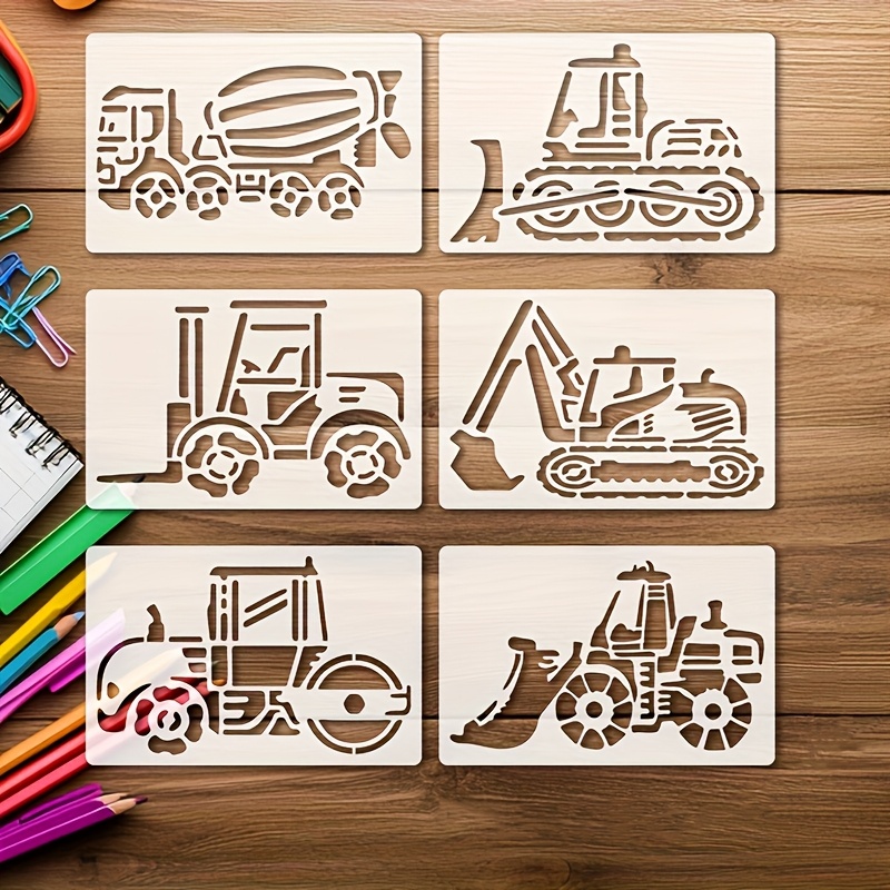 Image of 6 Large Construction Vehicle Reusable And Washable Painting Stencils, Suitable For Canvas, Wood, Paper, Fabric, Tiles, And Wall Decoration Tools