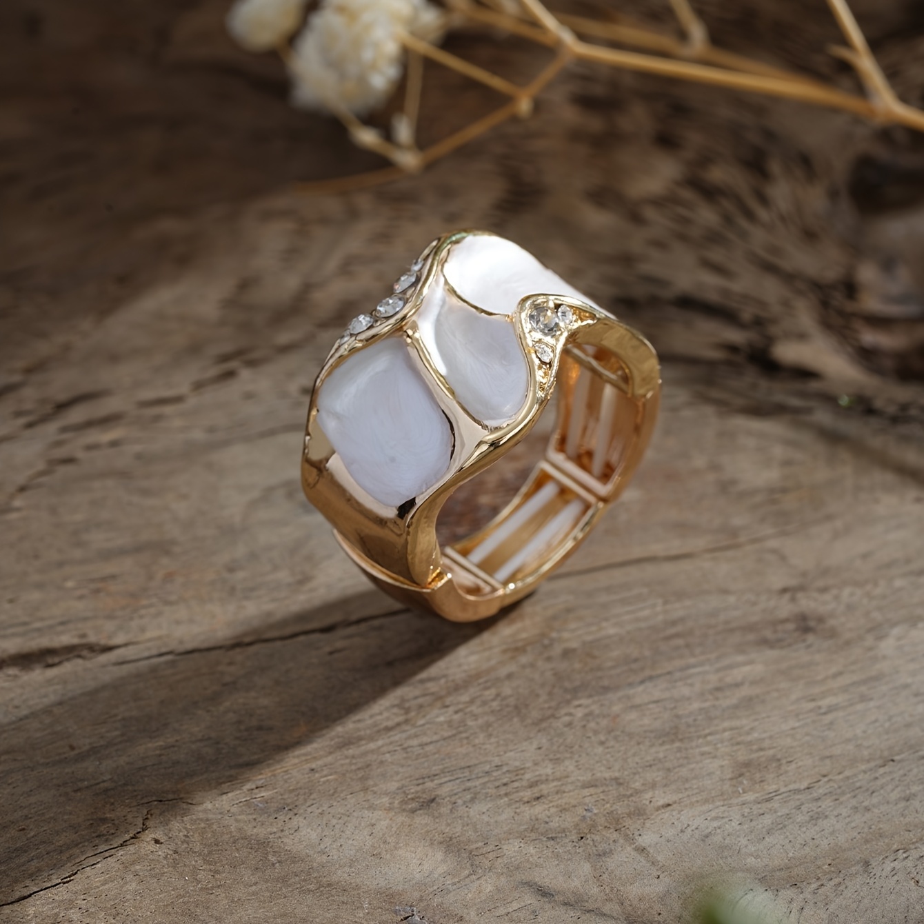 Women's Cringcoco Golden Plated Wavy Wide Statement Ring